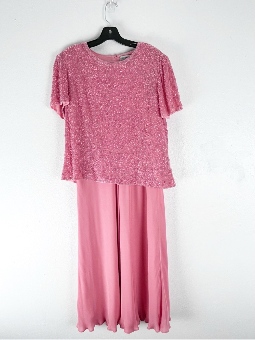 ADRIANNA PAPELL 100% Silk 2 Piece Beaded Shoulder Padded Top Maxi Skirt Size 16